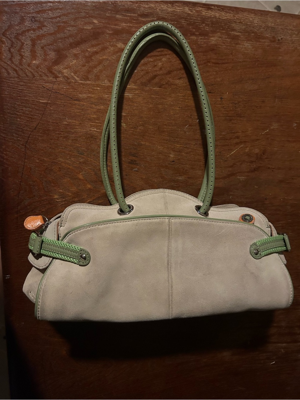 Neutral Beige Shoulder Bag with Green Trim